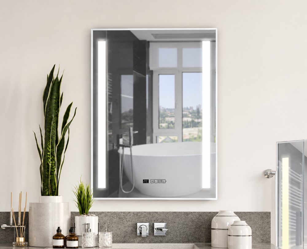 Infrared mirror heating panel with LED lighting above a bathroom basin
