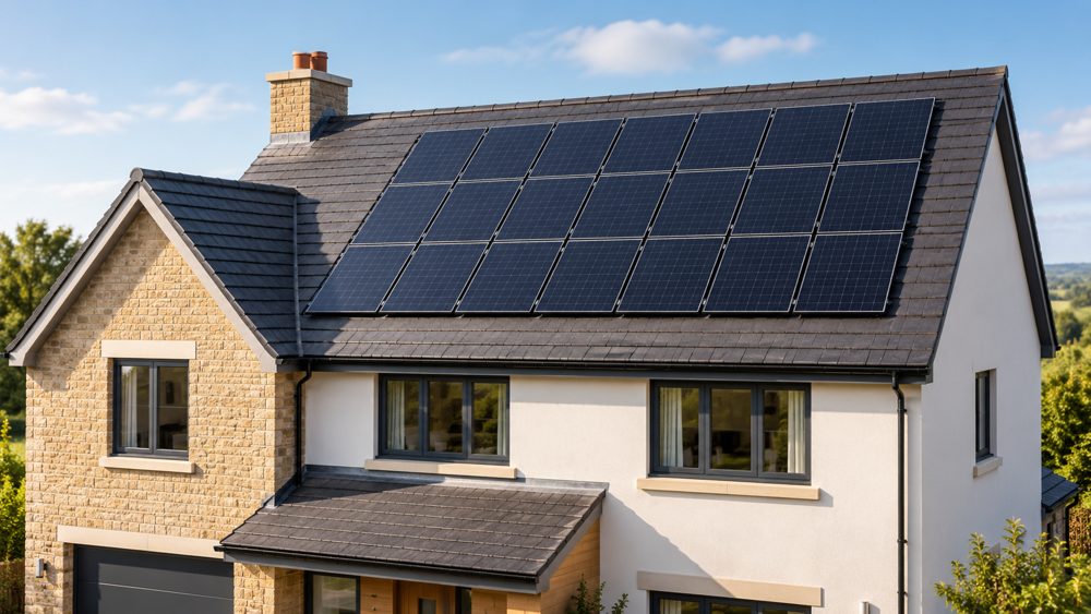 Larger detached home with a full roof of solar panels